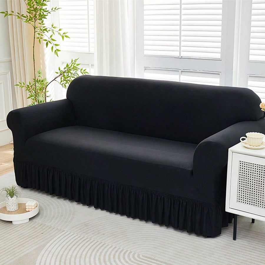 1pc Solid Black Stretch Skirt Style Sofa Cover, Black Sofa Dust Cover For 1/2/3/4 Seater Sofa, Soft Fabric Suitable For Living Room, Bedroom, Study