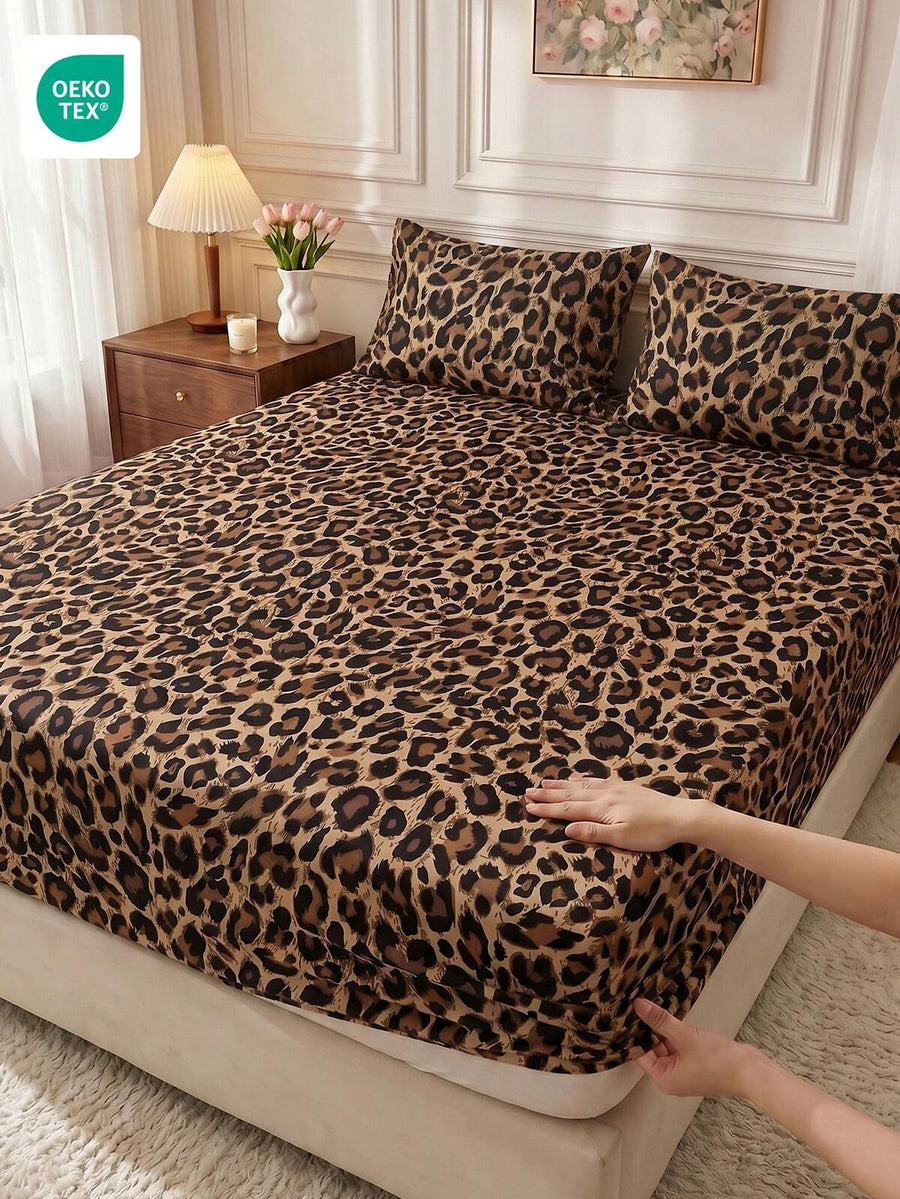 1pc Leopard Print Knitted Fitted Sheet, Soft & Wrinkle-Free, Breathable & Comfortable, Suitable For Various Bed Sizes, Essential For Home Bedroom & Dorm, Bedroom Decor, Fluffy Bedding, Women's Gift, Fits Queen & King Size, Machine Washable, OEKO-TEX